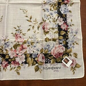 YVES SAINT LAURENT Scarf Handkerchief Floral Cotton White Pink Vintage 18"